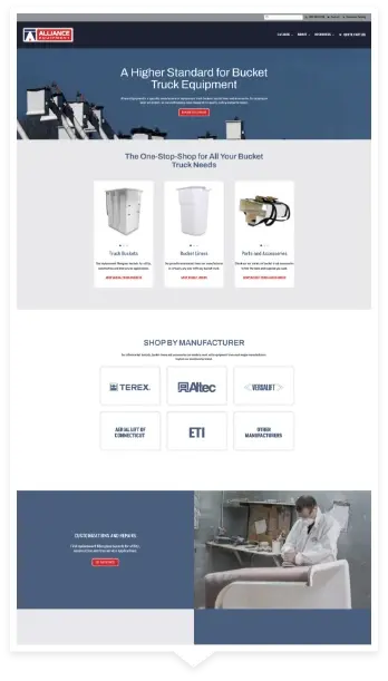 Responsive WordPress website design for Alliance Equipment, highlighting industrial products and services for Ohio manufacturers