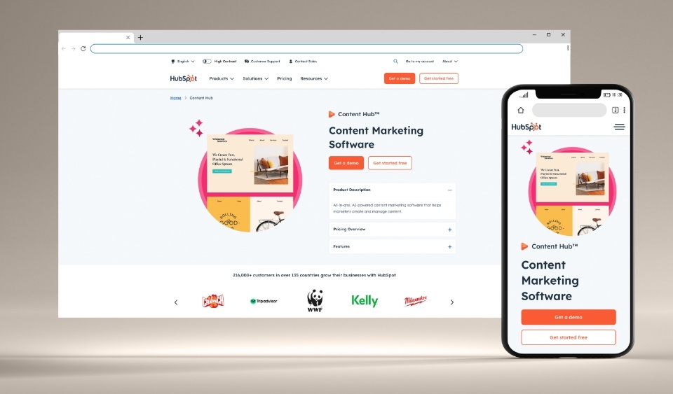 HubSpot Content Hub interface displayed on computer and phone showing website and content management dashboard